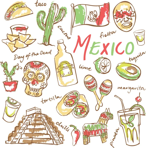 Mexiko doodle sada ikon — Stockový vektor