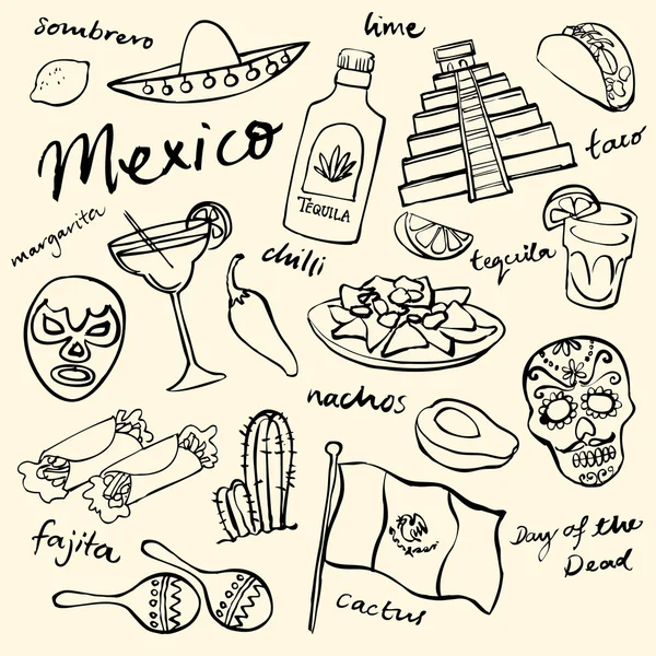 México doodle iconos conjunto — Vector de stock