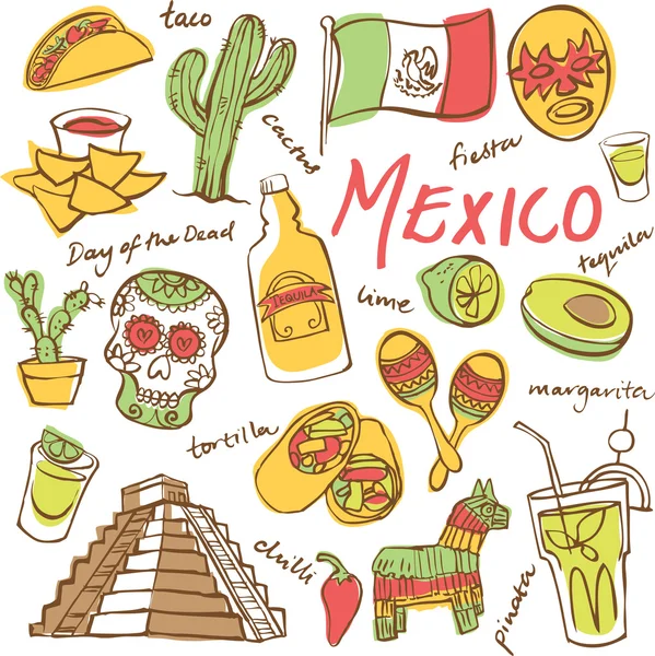 México conjunto de ícones doodle — Vetor de Stock