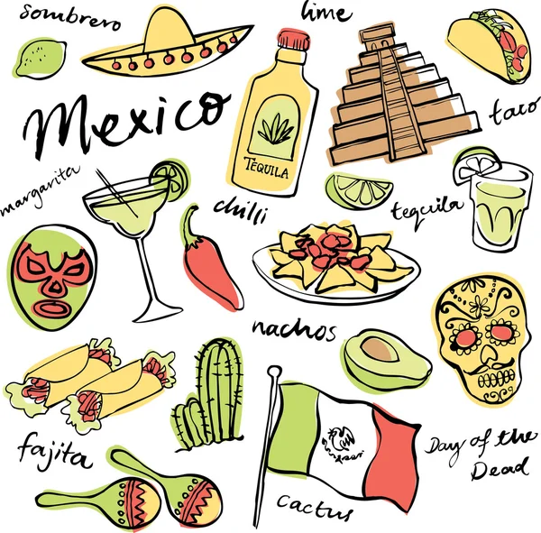 Meksika doodle simgeler kümesi