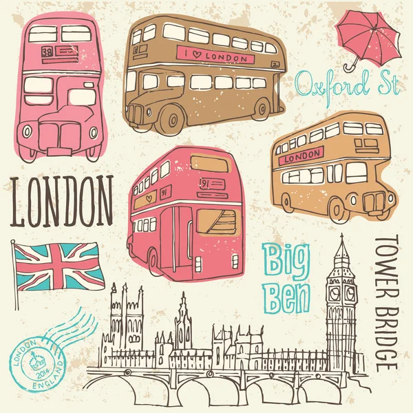 London buses and Houses of Parliament — Stock Vector