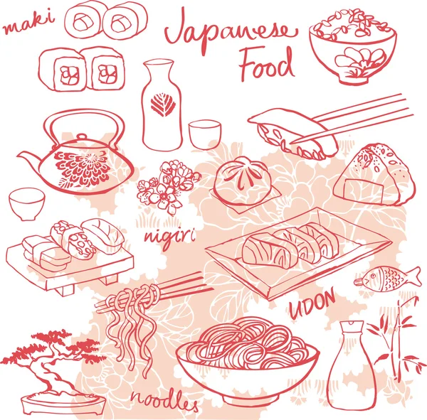 Comida japonesa - sushi & macarrão — Vetor de Stock