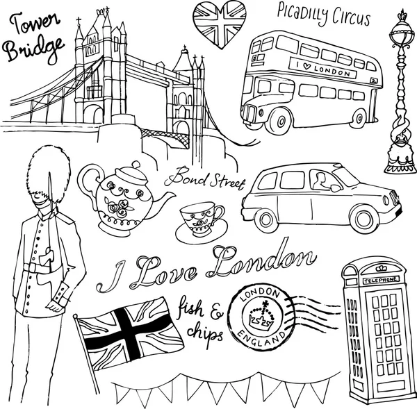 Londra simgeler kümesi doodle — Stok Vektör