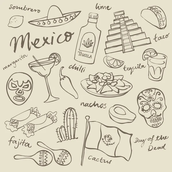 México conjunto de ícones doodle — Vetor de Stock