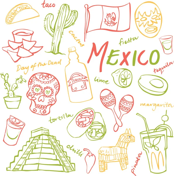 Mexiko doodle sada ikon — Stockový vektor