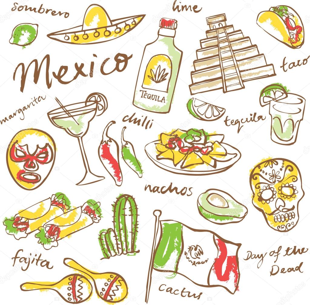 Mexico doodle icons set