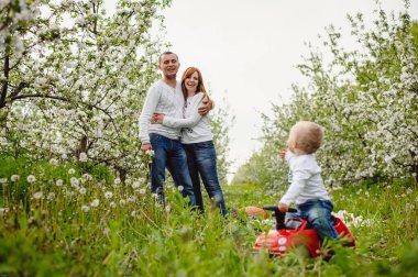 Baba, anne ve küçük oğlu dışarıda birlikte eğleniyorlar. Baharda çiçek açan bahçede aile yürüyüşü, park. Dışarıda mutlu bir aile. Aile, tatil kavramı