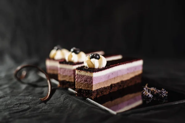 Three chocolate cakes on a black background. Mousse cake with blueberries. Opera cake at the a La carte desserts , cakes on a black background. Selective focus