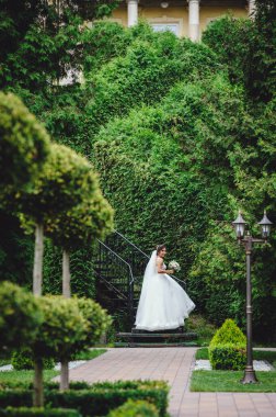 Güzel, muhteşem gelin merdivenlerden çıkıyor. Beyaz elbiseli gelin, yeşil arka planda poz veriyor..