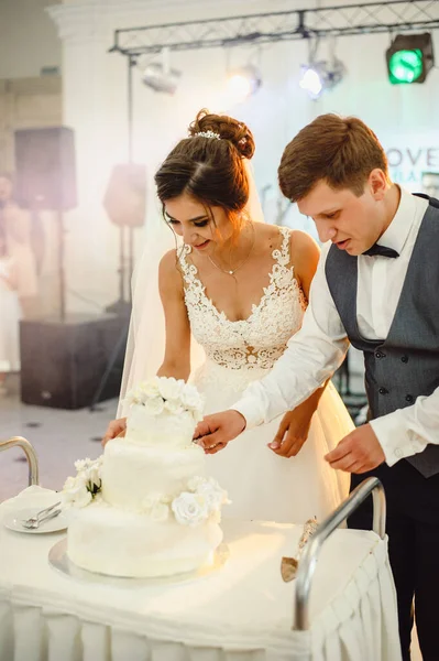 Noiva Noivo Está Cortando Seu Bolo Casamento Rústico Banquete Casamento — Fotografia de Stock