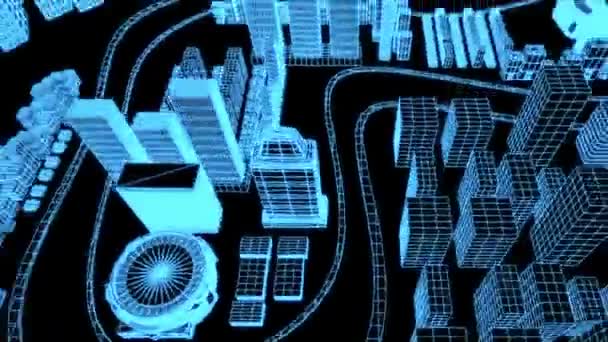 Seguimiento Cámara Zoom Desde Futuristic City Wireframe Hasta Human Brain — Vídeos de Stock