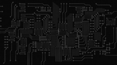 Karanlık Arkaplan 'da Devre Tahtası İşlemleri Animasyon Yolu. Soyut Dijital Teknoloji Arkaplanı.