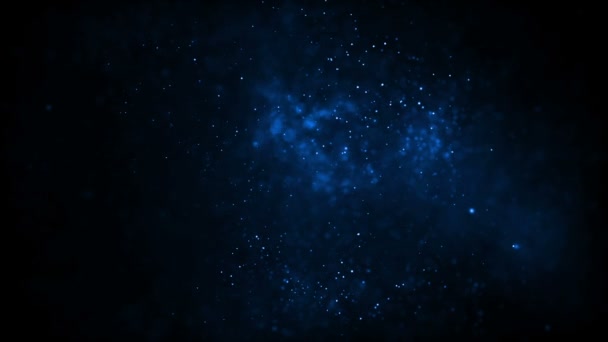 概要暗青色の輝き粒子の背景効果 黒い背景の爆発で星の塵が火花を散らします 輝く青いライトの背景 — ストック動画