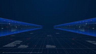Mavi Işık Çubuğu ve Fütürist Dijital Teknoloji Arayüzü Arkaplanı 'nın perspektif görüntüsü... ızgaralı soyut Dijital mavi ışık arkaplanı.