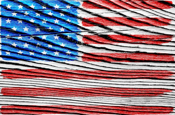 Handgezeichnete Amerikanische Flagge Auf Einem Hölzernen Hintergrund Amerikanischer Banner Aufdruck — Stockfoto