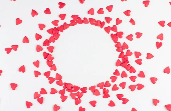 Red Confectionery Confetti Shape Hearts White Background Copy Space Frame — Stock Photo, Image