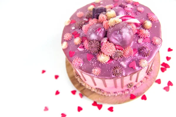 Tarta Bithday Con Crema Rosa Glaseado Espolvoreado Con Purpurina Dulces —  Fotos de Stock