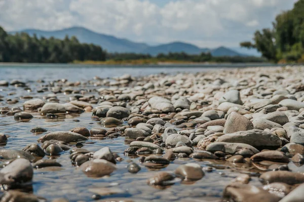 Kulaté Kameny Březích Horské Řeky Skalnatá Pláž Stock Fotografie