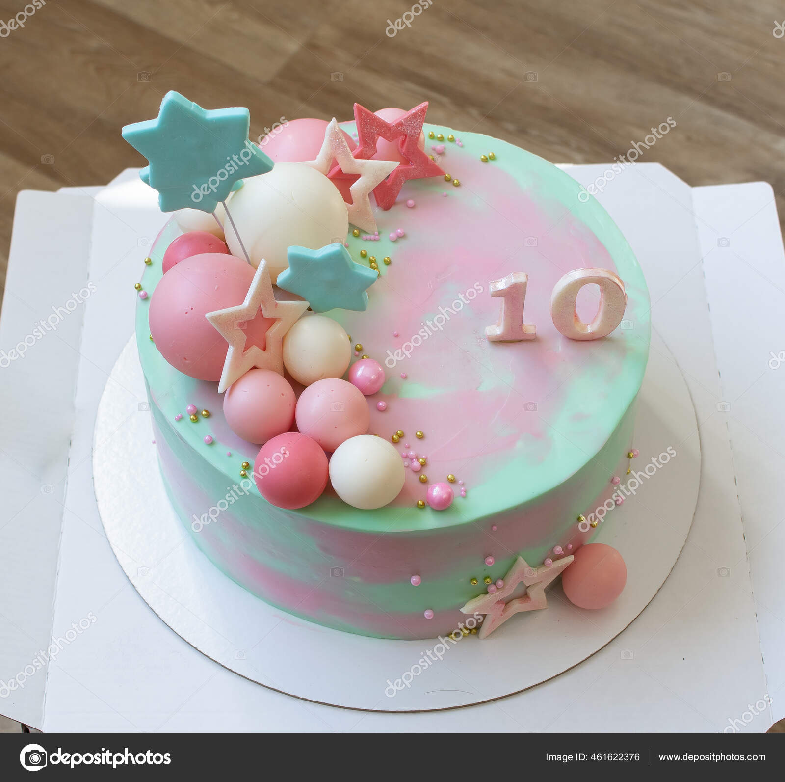 Beautiful Birthday Cake Decorated Chocolate Balls Pink Blue Stars ...