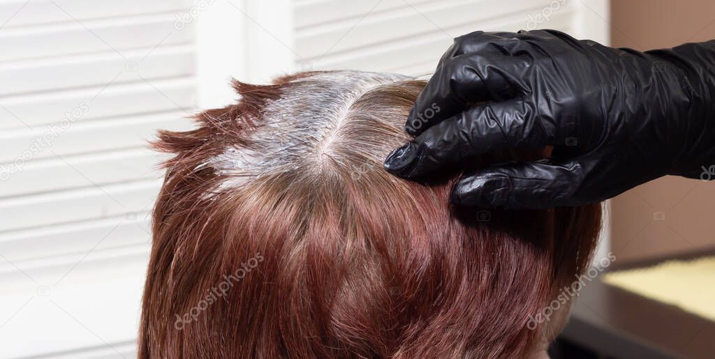 A master in black gloves in a barbershop paints over gray hair on a woman's short hair. Gray hair dyeing. Close-up. Place for an inscription.