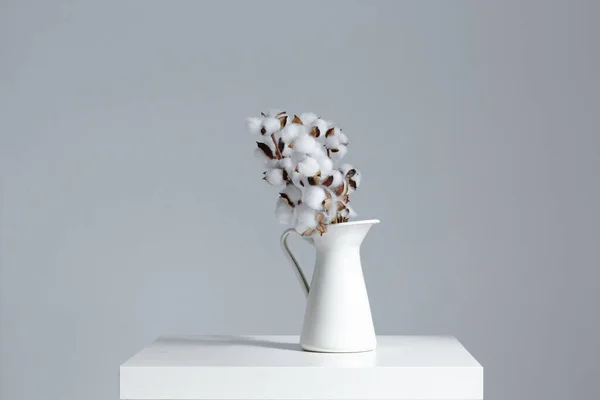 Λευκή Κανάτα Βαμβακερά Λουλούδια Στο Τραπέζι Λευκό Φόντο Τοποθετήστε Μια Εικόνα Αρχείου