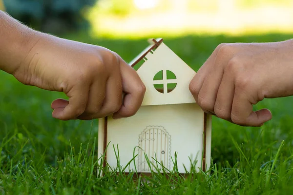 Kinderen Verzamelen Een Mock Van Een Houten Huis Het Groene — Stockfoto