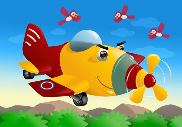 Avión comercial rojo y amarillo que vuela — Foto de Stock