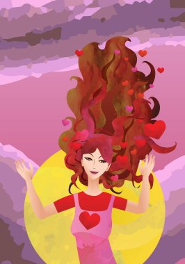 Pembe arka planda kendiyle gurur duyan bir kadının resmi.