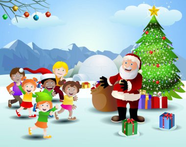 Noel arkaplanında Santaclaus 'a koşan çok kültürlü çocukların çizimi