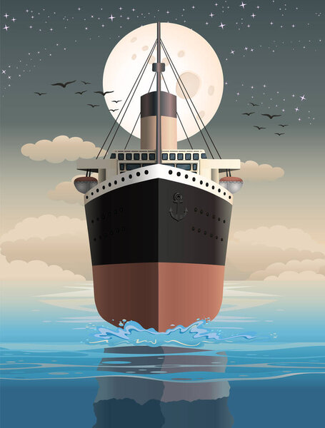 illustration design of an old cruise ship on  ocean background