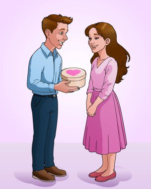 Pembe arka planda kız arkadaşına aşk hediyesi veren bir adamın resmi.