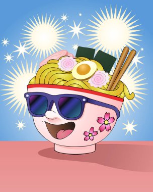 Mutlu bir ramen erişte kasesinin çizimi izole edilmiş beyaz arka planda güneş gözlüğü takıyor.