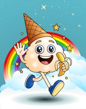 Fantezi bulut arka planında muz maskotu yiyen bir dondurmanın resmi.