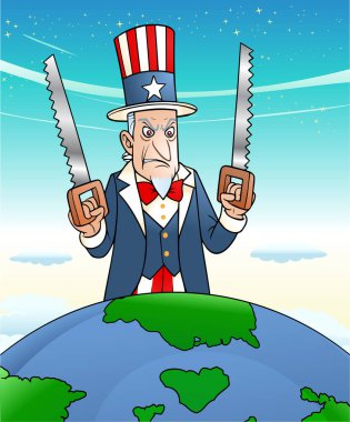 ABD 'li iğrenç Sam Amca' nın dünya arka planında çift testere tutmasının bir çizimi.