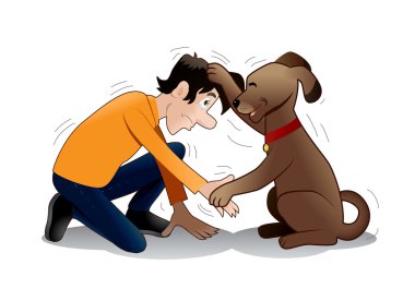 Kahverengi köpek el izole beyaz arka plan üzerinde bir adamla sallamak