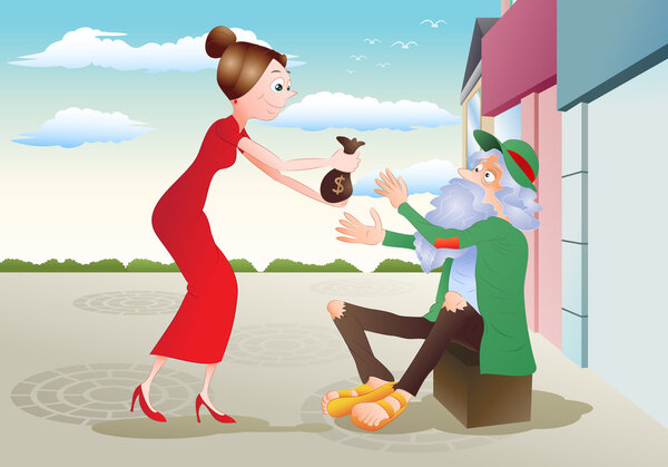 lady give money to hungry beggar
