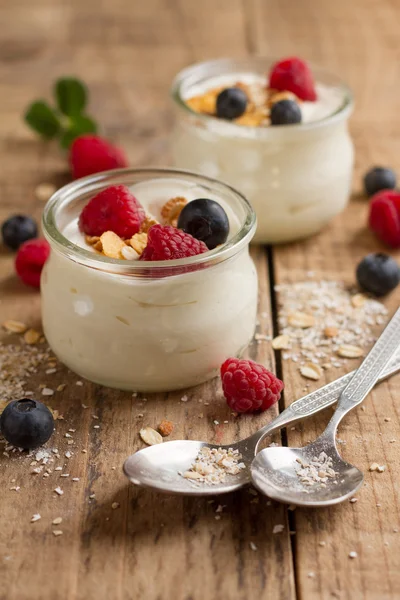 Joghurt, granola, müzli és friss bogyós gyümölcsök — Stock Fotó