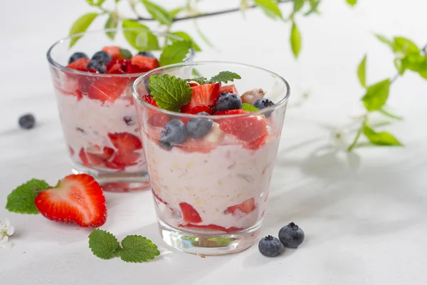 Yoghurt met muesli of muesli en bessen — Stockfoto