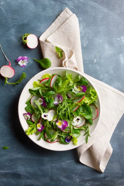 Весенний салат с редиской, съедобный цветок и соус — стоковое фото
