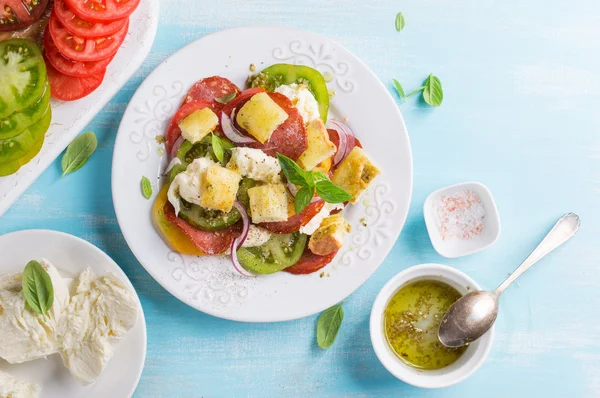 Ensalada con tomates coloridos, queso y pan (ensalada panzanella —  Fotos de Stock