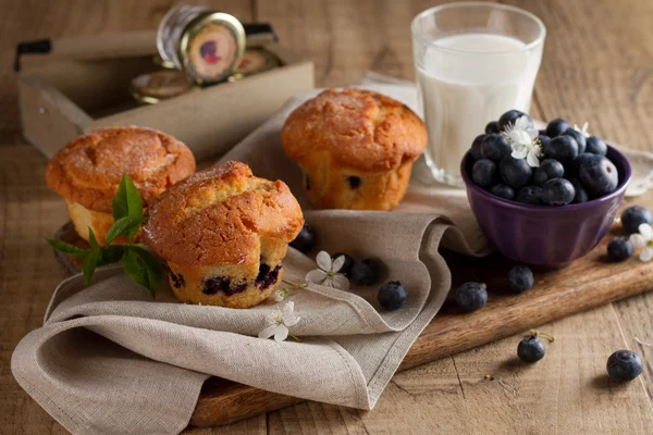 Homemade blueberry muffins with glass of milk — Stock Photo, Image