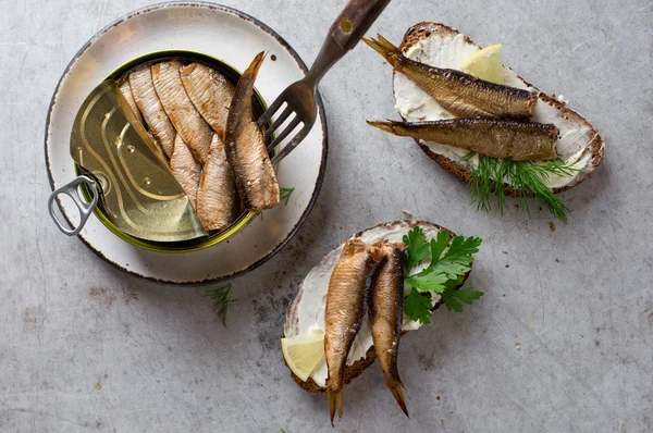 Sprats or sardines in can and sandwiches — Stock Photo, Image