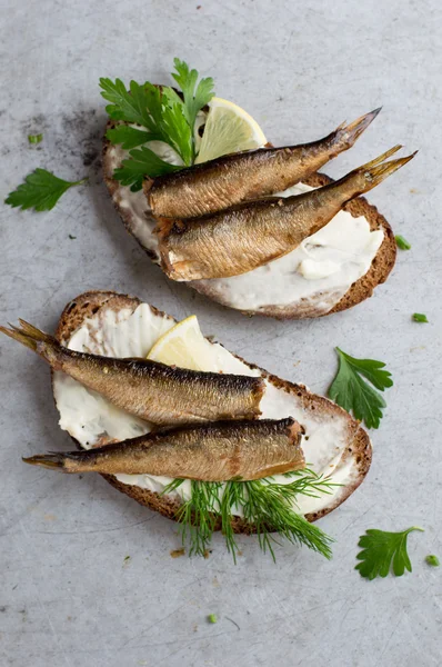 Broodjes met sprot of sardines — Stockfoto