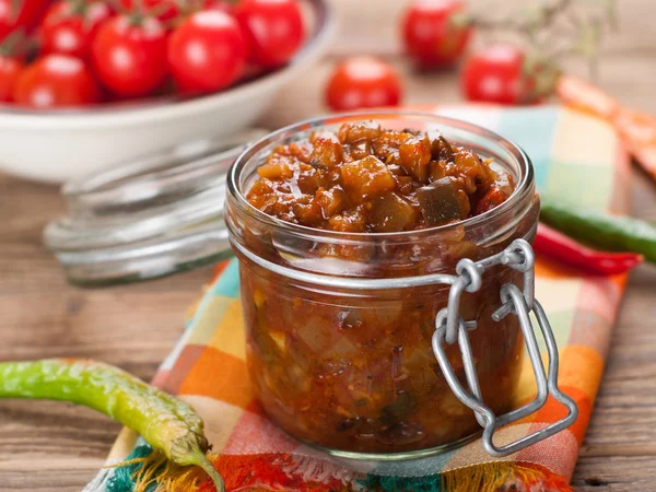 Vegetables preserves in glass jar — Stock Photo, Image