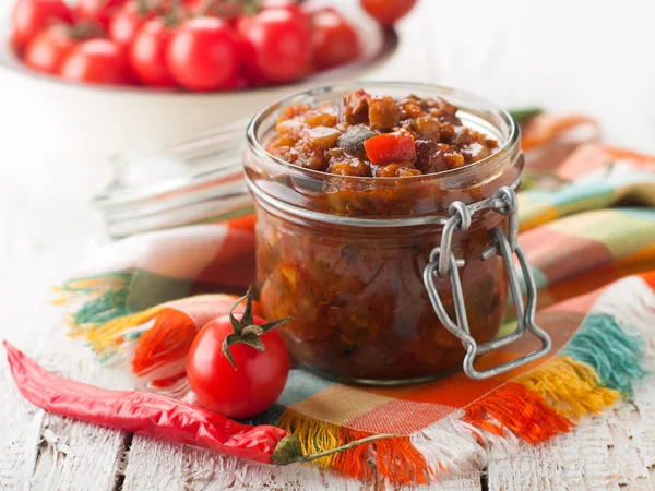 Vegetables preserves in glass jar — Stock Photo, Image