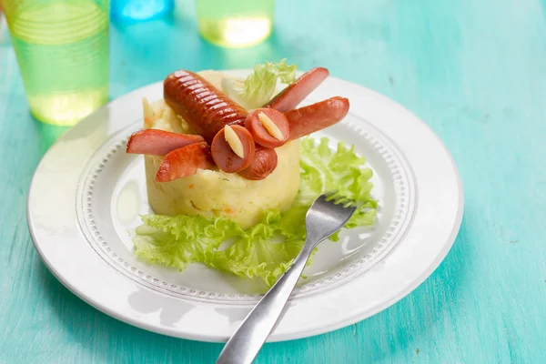 Sausage dragonfly with mashed potato — Stock Photo, Image