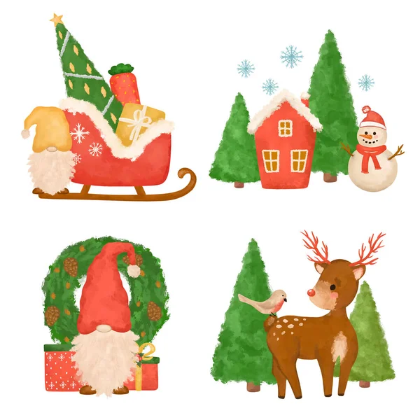 Clipart Noël Gnome Cerf Couronne Noël Arbre Traîneau Cadeaux Coffret — Photo