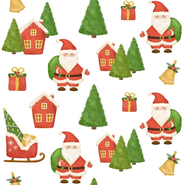Рождественский Бесшовный Узор Санта Клаус Сани Рождественская Елка Цифровая Бумага — стоковое фото