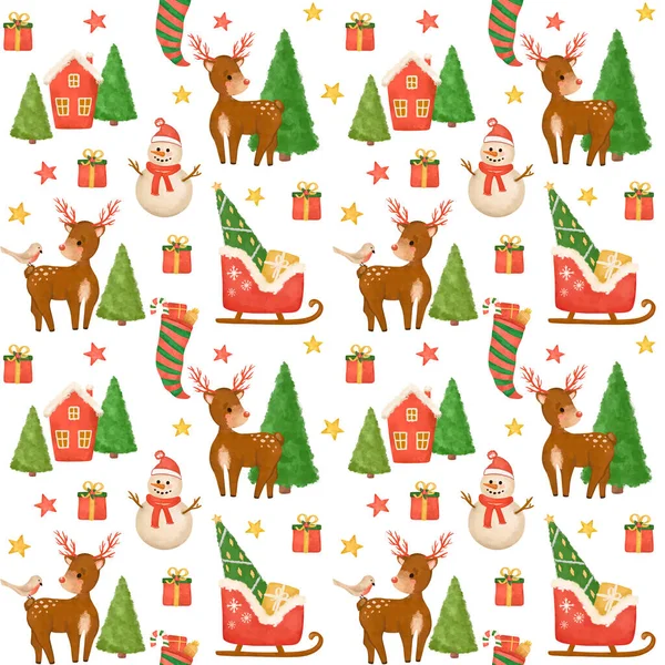 Merry Christmas Seamless Pattern Deer Sansta Sleigh Presents Snowman Digital — Stock Photo, Image