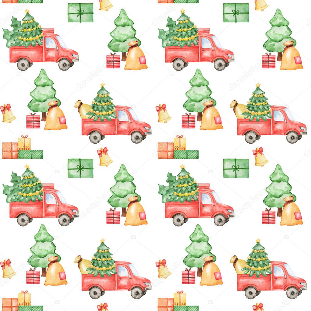 Watercolor Christmas red cars digital paper, seamless pattern, New year background, wrapping design, christmas tree, presents, scrap paper, baby background, kids textile pattern, wrapping paper